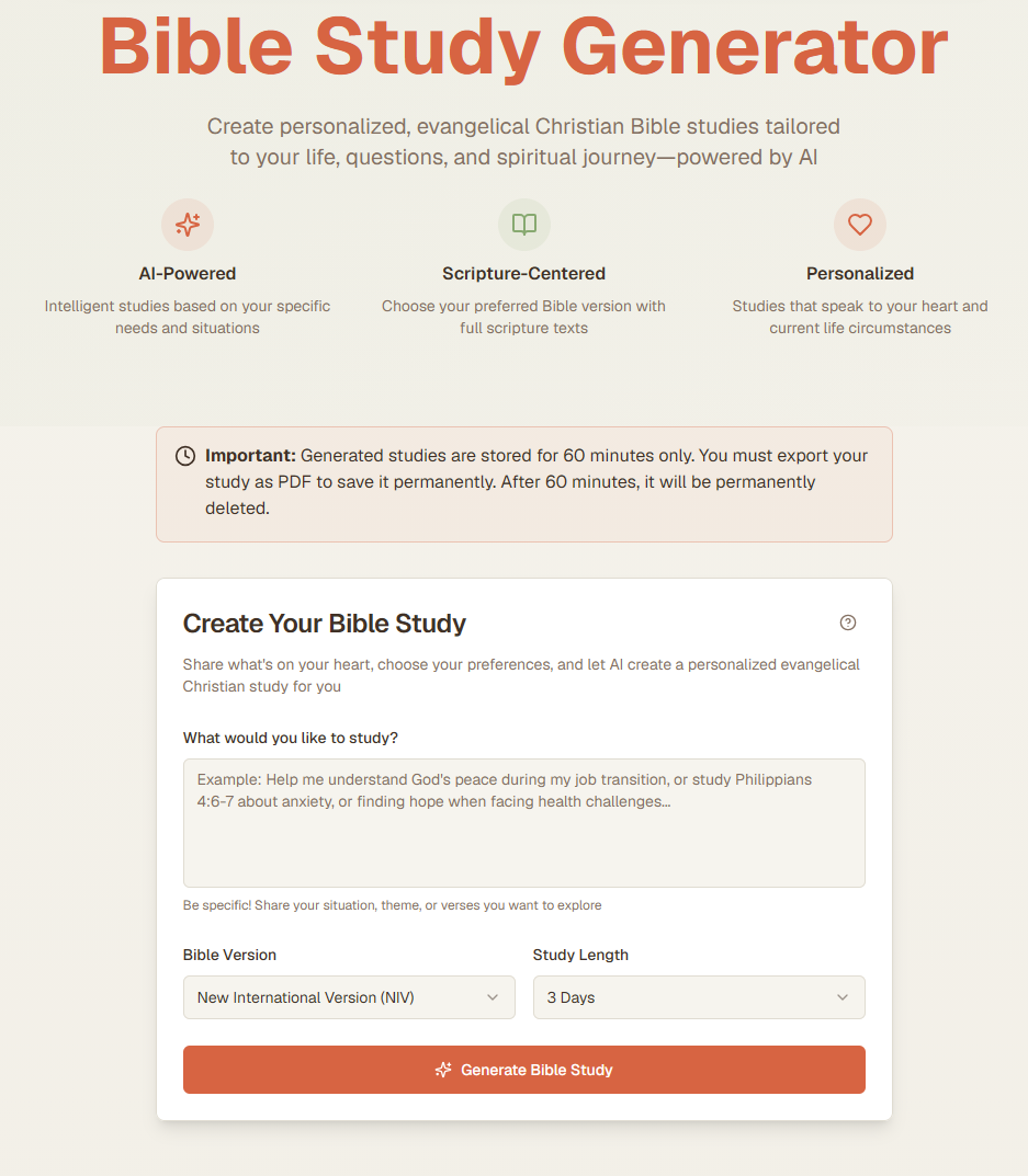 Bible Study Generator website screenshot