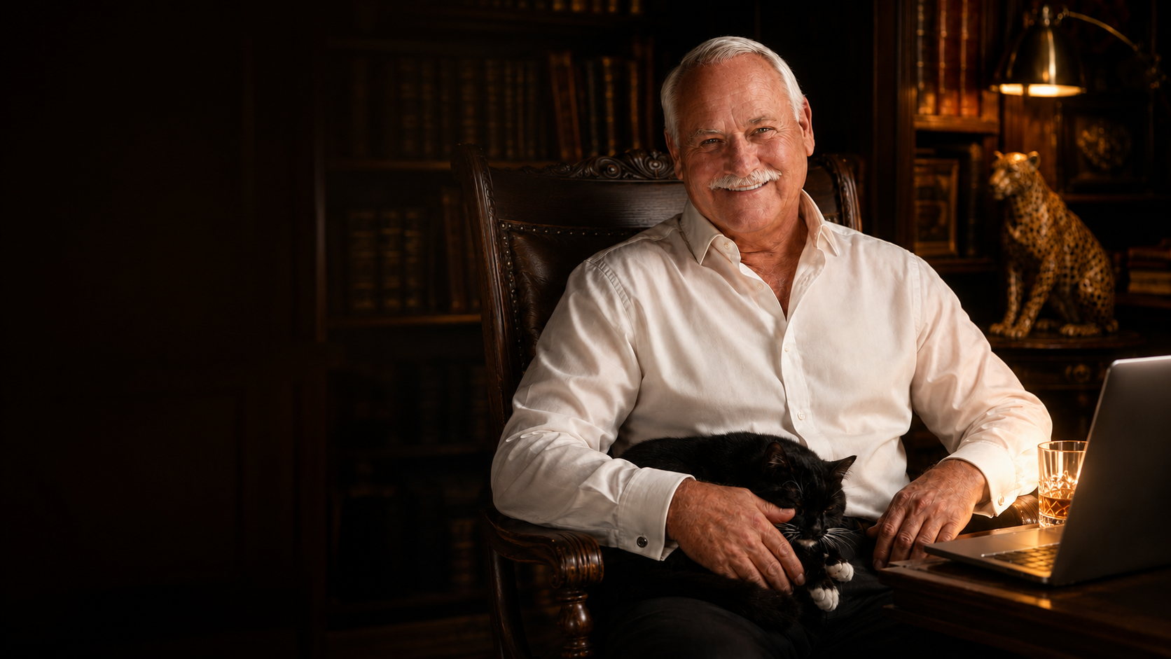 Darwin Folmar seated with a cat in a library setting.