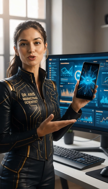 Dr. Angela Aris holding a smartphone beside a marketing dashboard.