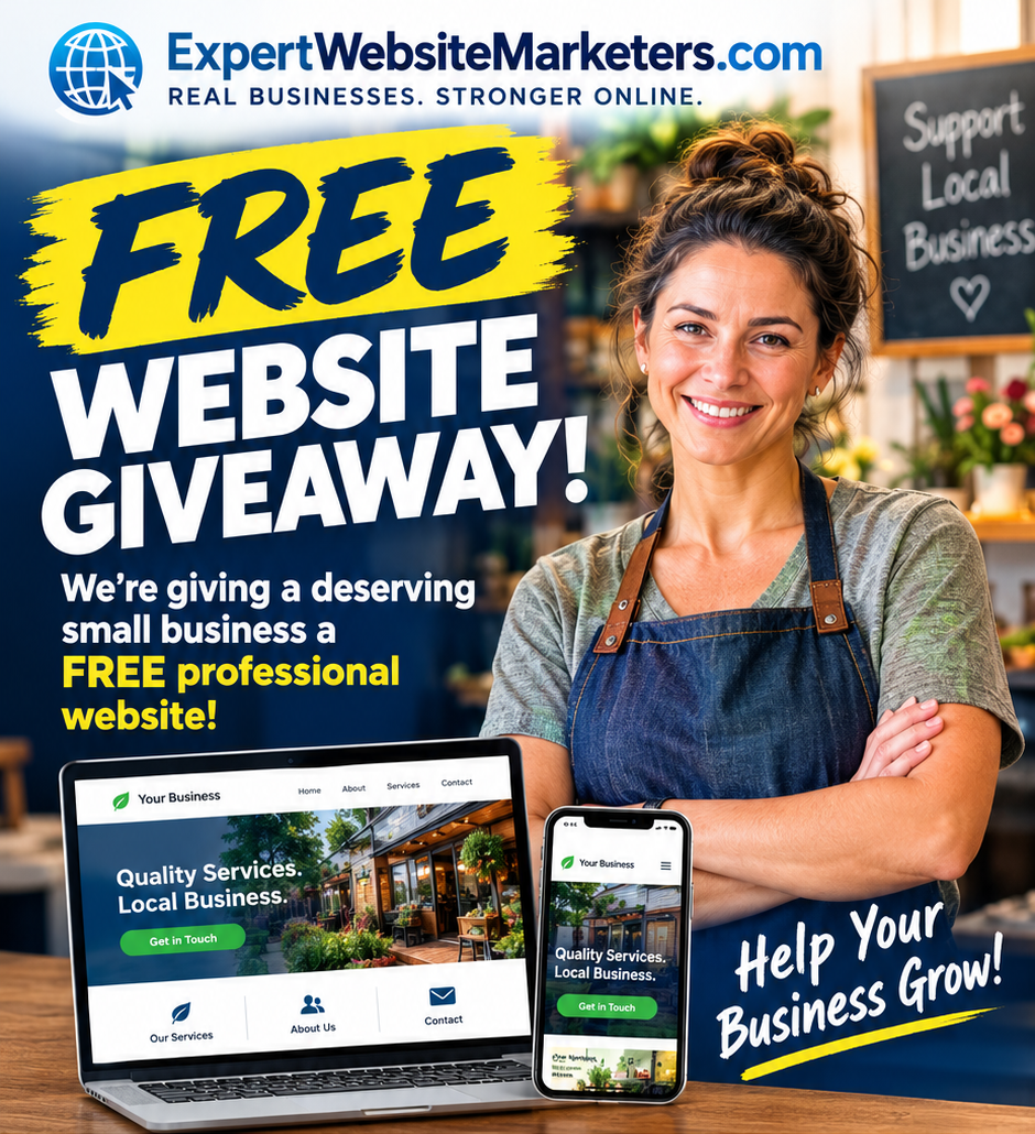 Expert Website Marketers Free Website Giveaway, featuring a local business owner and sample desktop and mobile website designs.