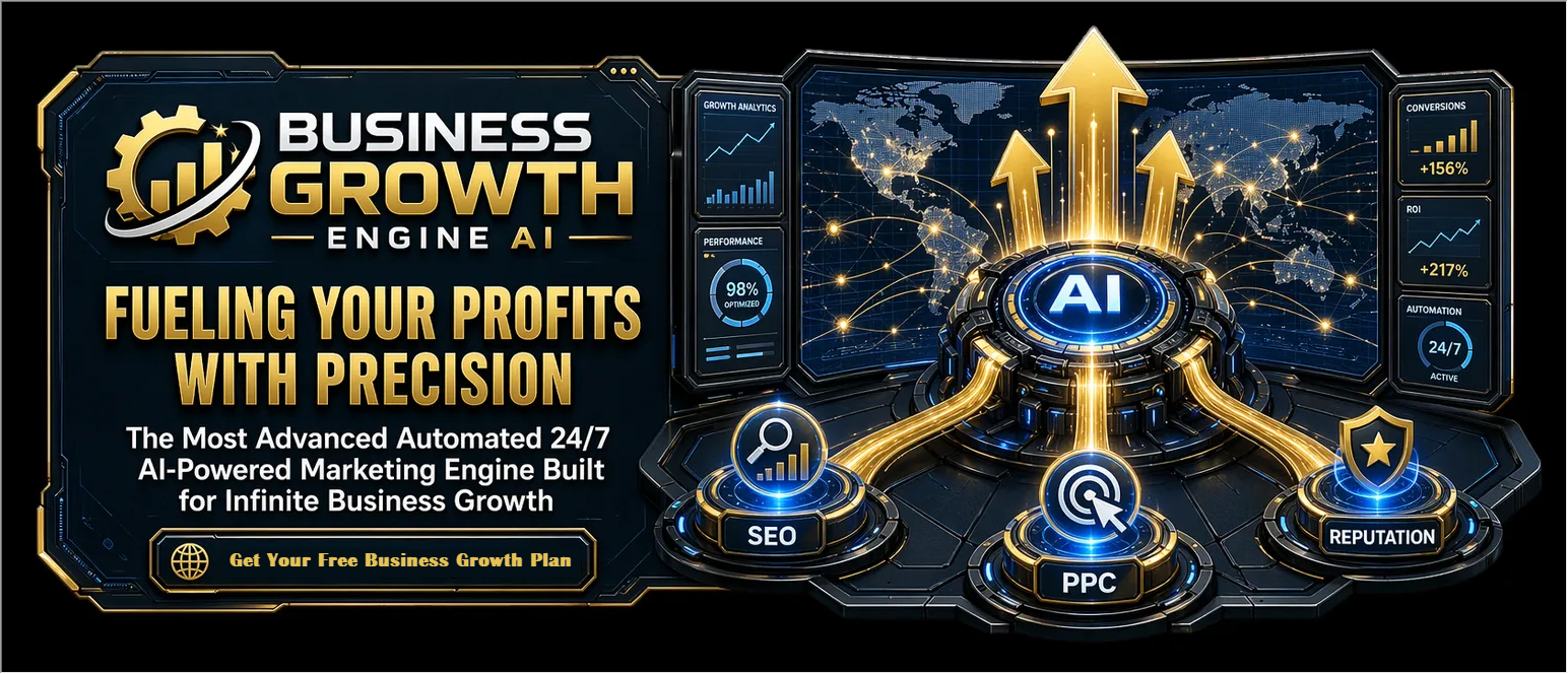 Business Growth Engine AI — Fueling Your Profits With Precision. The Most Advanced Automated 24/7 AI-Powered Marketing Engine Built for Infinite Business Growth, with SEO, PPC, and Reputation. Includes Get Your Free Business Growth Plan.