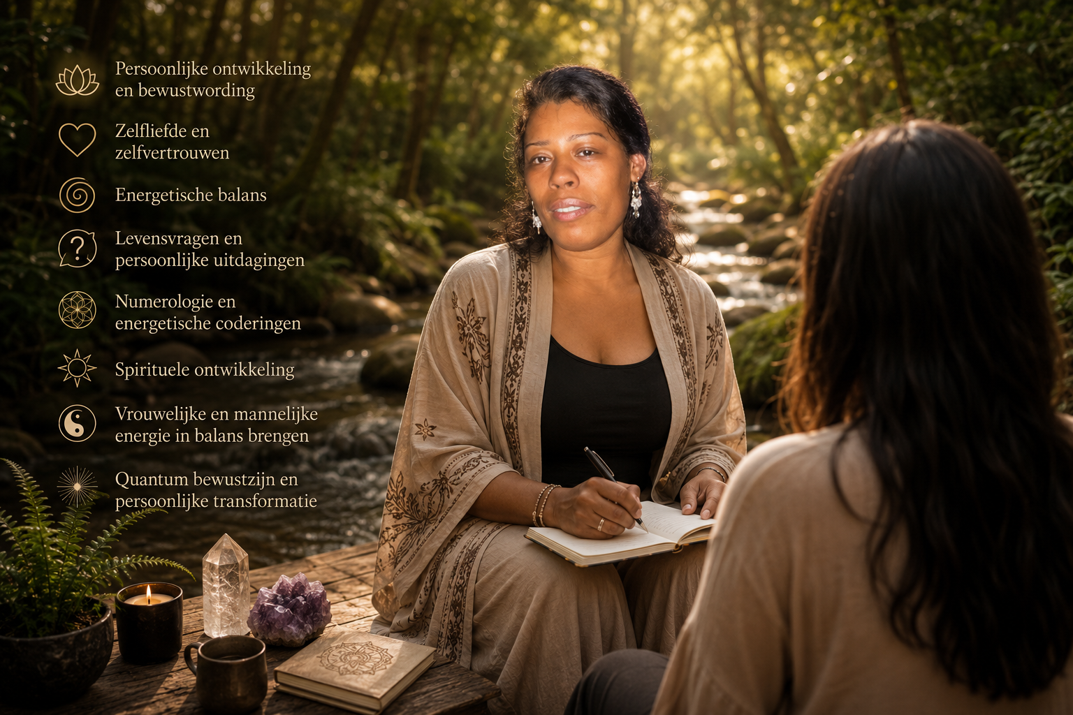 Janila in verbinding met een cliënt in de natuur
