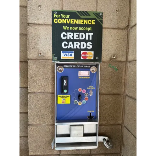 All Seasons Car Wash payment machine showing that credit cards are accepted