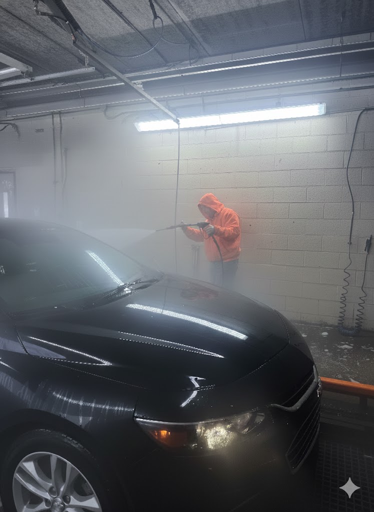 Black car being rinsed in a misty wash bay