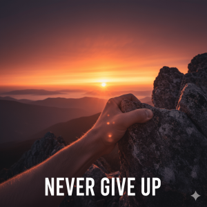 Person climbing a rocky mountain at sunset with bold text saying "Never Give Up" — symbolizing perseverance and motivation
