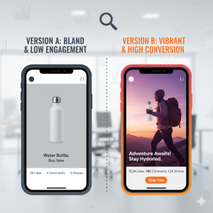 Split-screen showing two social media posts—one bland with low engagement, one vibrant with storytelling and high conversions