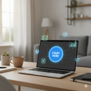 Cozy home desk with laptop displaying "Start Here" button surrounded by email, social media, and analytics icons