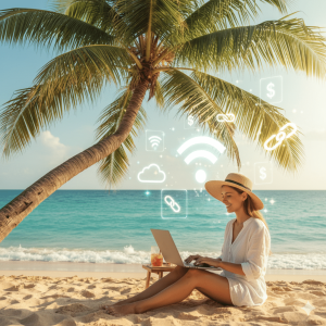 Person working on a laptop under a palm tree on a beach with floating icons representing Wi-Fi, dollar signs, affiliate links, and cloud storage