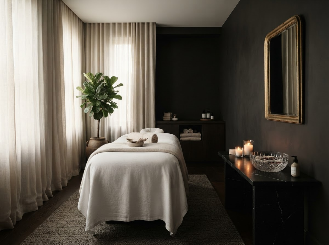 Candlelit wellbeing room with a crystal bowl and warm ambient light