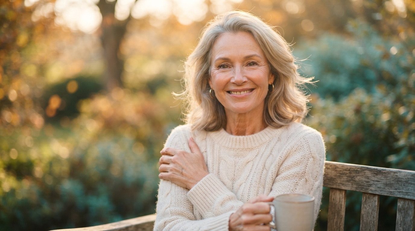 A vibrant woman in her late 50s smiling in soft morning light