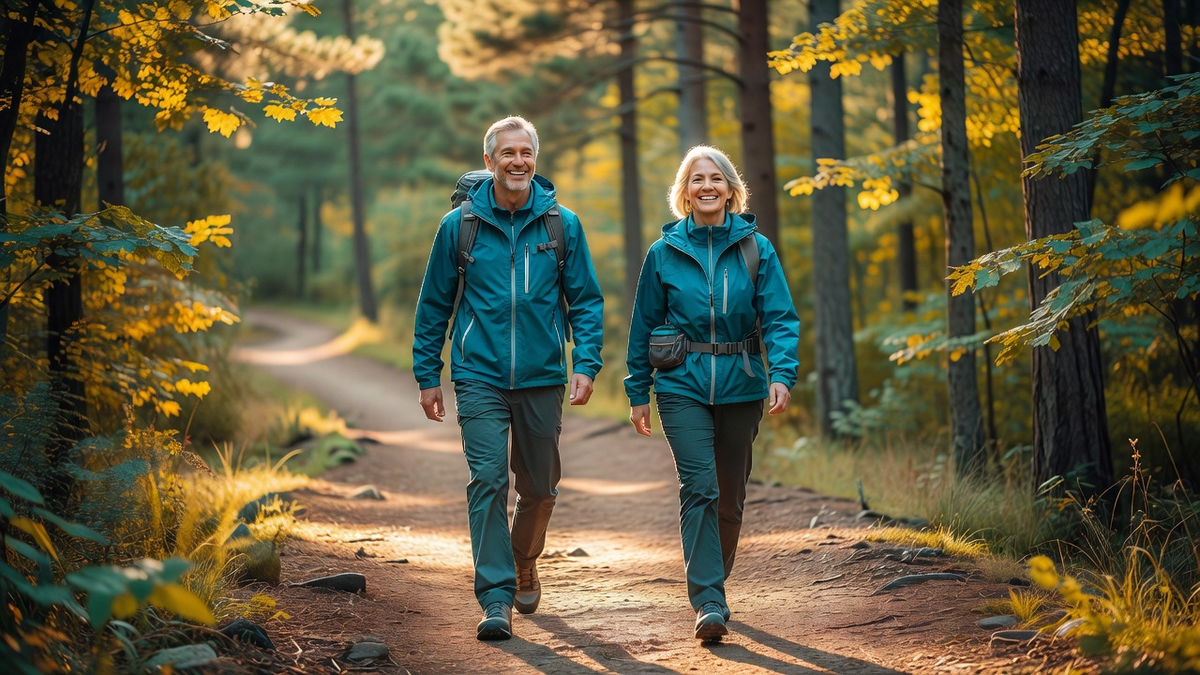 An energetic couple in their late 50s hiking a sunlit trail