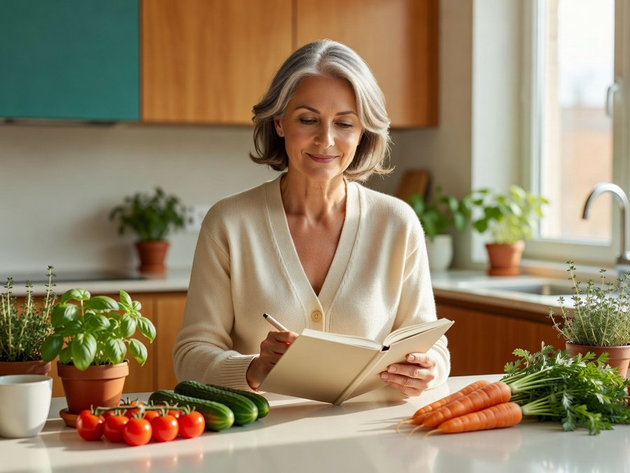 A confident woman reviewing a simple health plan with fresh vegetables nearby