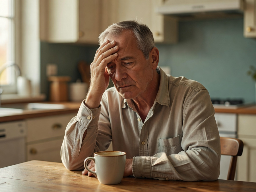 A man in his 60s resting at a kitchen table, feeling drained in the afternoon