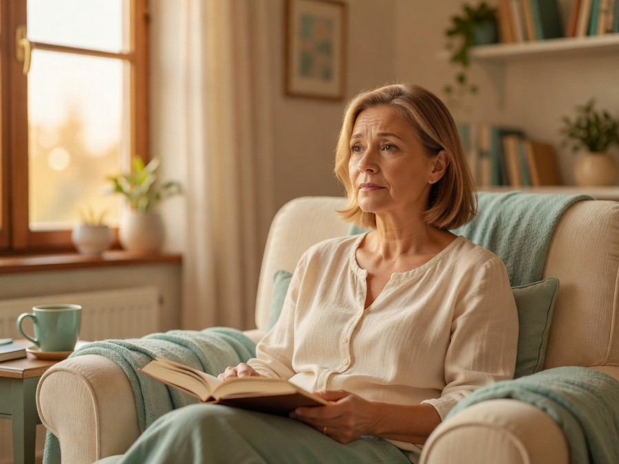 A thoughtful woman in her late 50s by a sunny window with a book