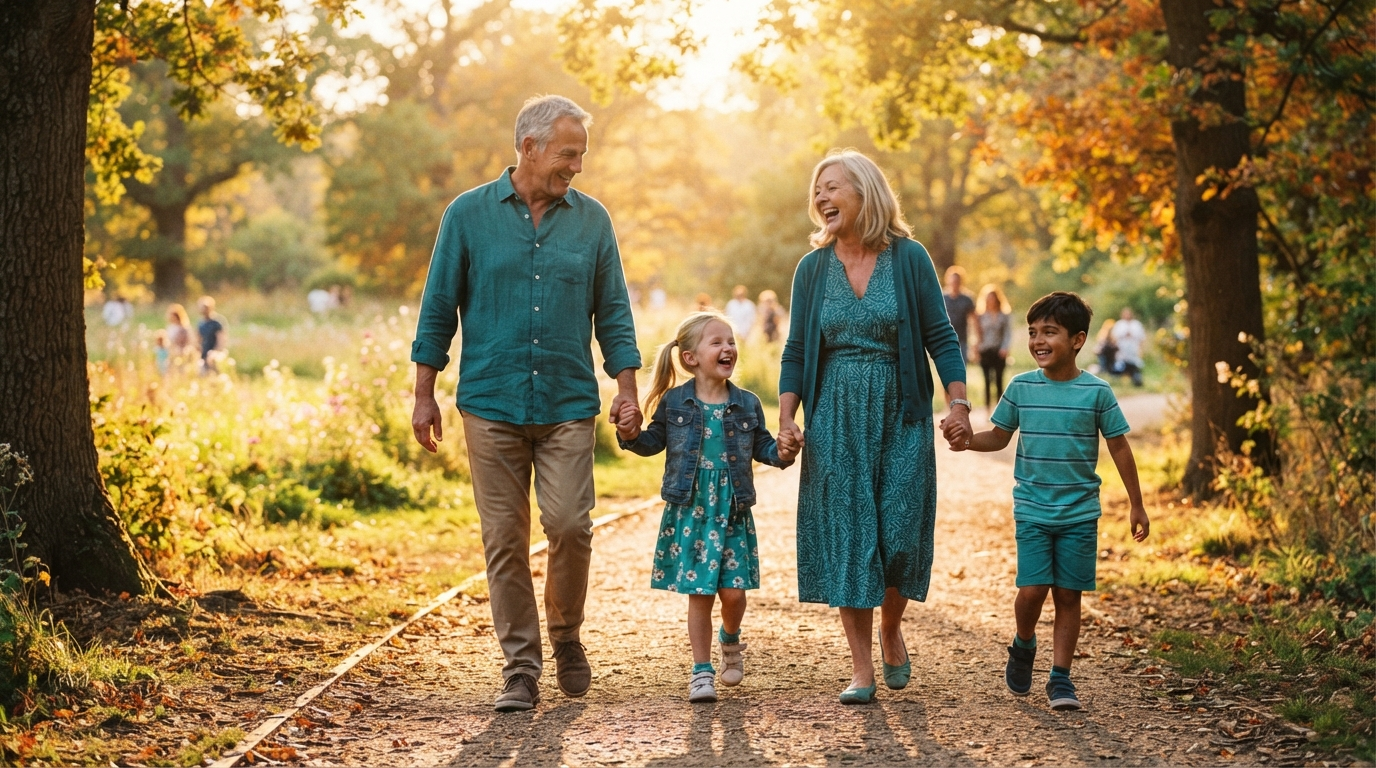 Joyful grandparents walking outdoors with young grandchildren at golden hour