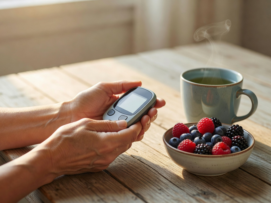 Hands holding a glucose meter beside fresh berries and tea