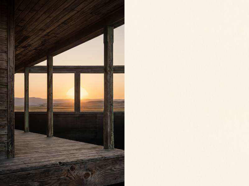 Photorealistic dark wood porch and Montana sunset visual for EJS Pics From the Porch