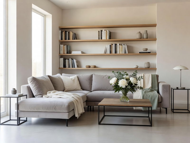 Bright, tidy living room after professional cleaning and decluttering