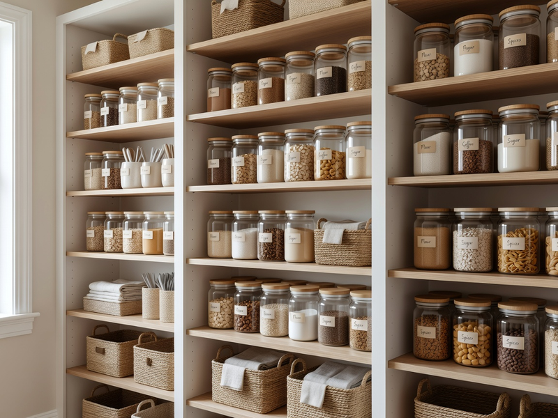 Neat pantry shelves with jars, baskets, and labeled containers