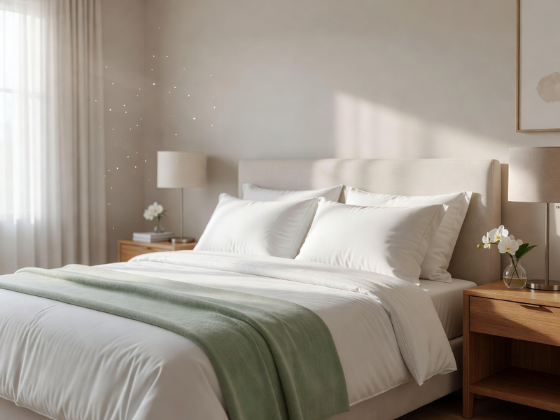 Serene bedroom with crisp bedding and tidy nightstands after cleaning