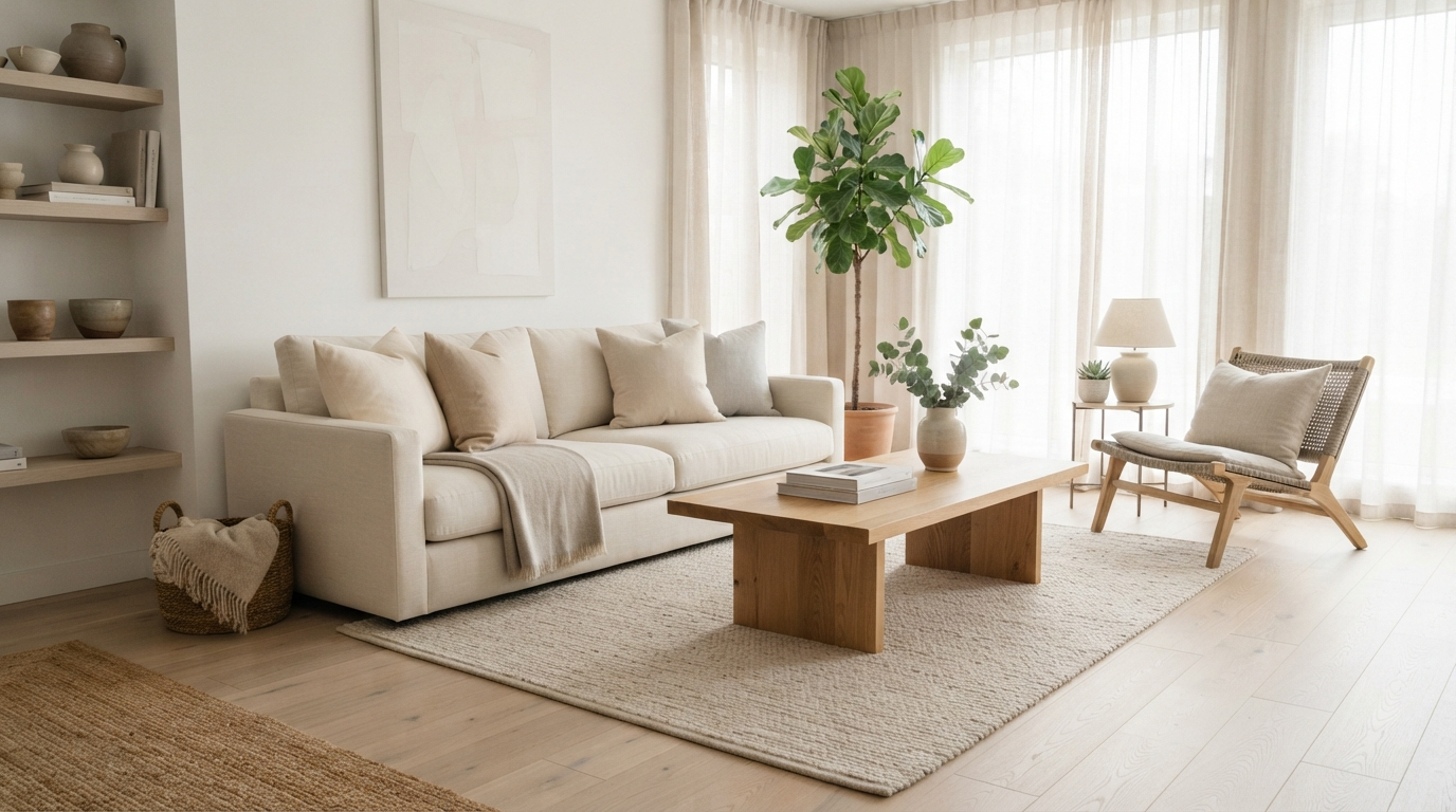 Bright, calm living room after a visit from Patriot Point Cleaning