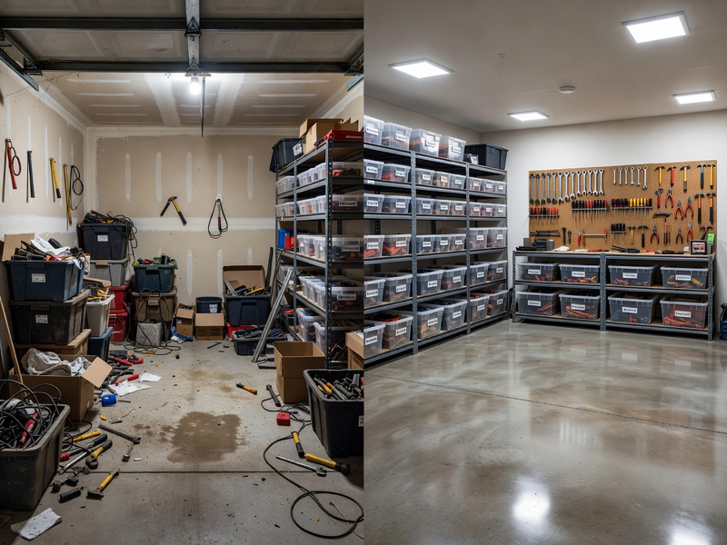 Organized garage with labeled bins, tool wall, and clear floor space