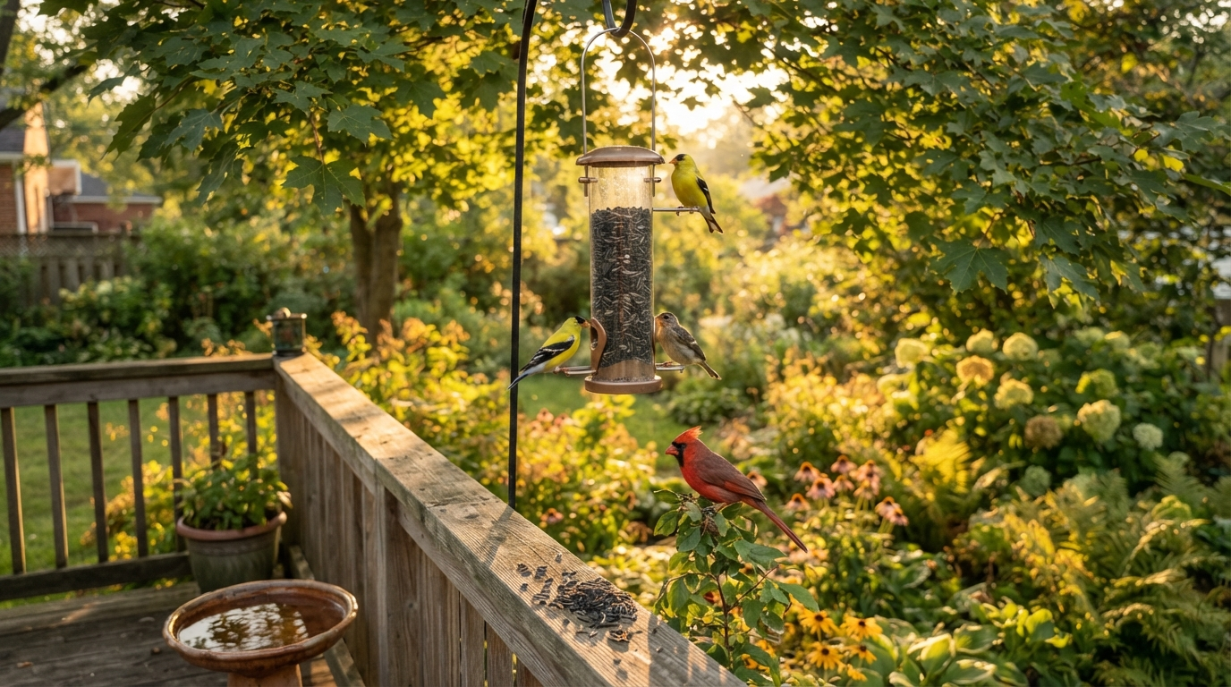 Goldfinches and a cardinal visiting a backyard feeder at golden hour