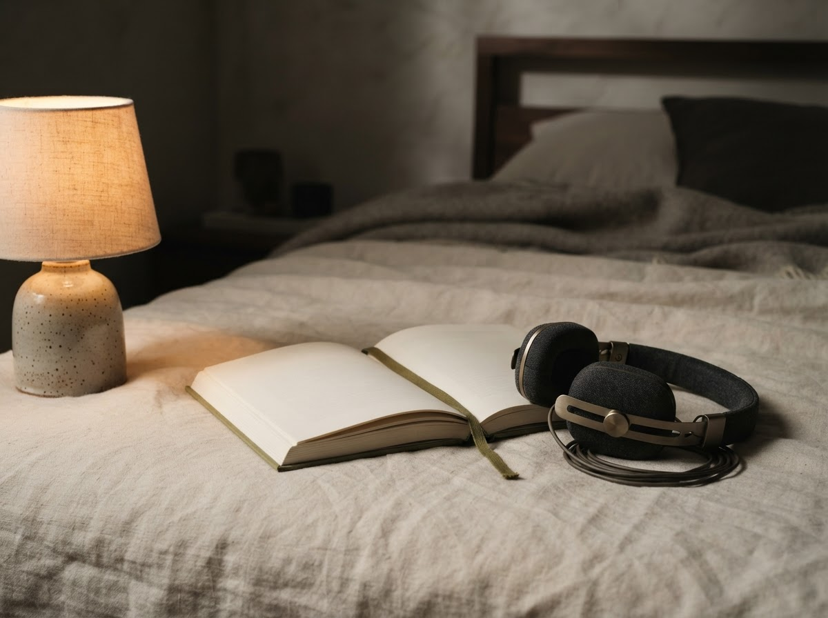 Open manuscript and headphones beside a softly lit bedside lamp