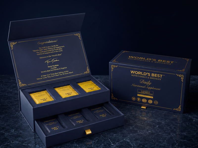 Daily Nutritional Supplement presentation box with navy packaging and individual sachets