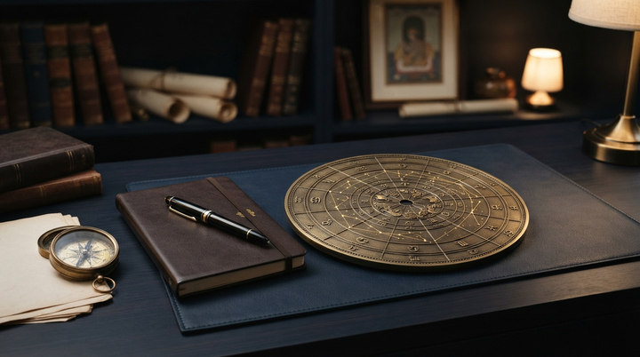 Brass astrology chart, compass, and notebook on a navy desk
