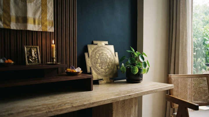 Calm home altar with a brass sacred-geometry mandala and plant