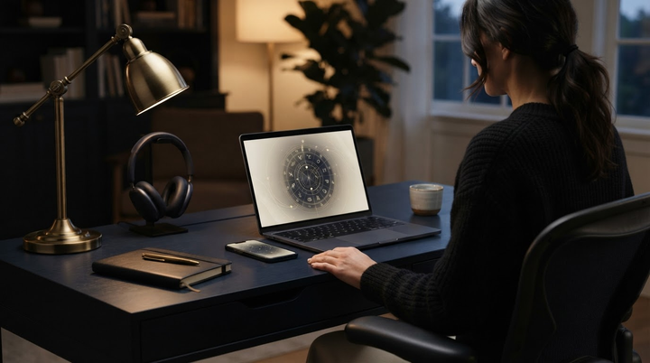 Private online consultation desk with laptop, phone, and astrology chart