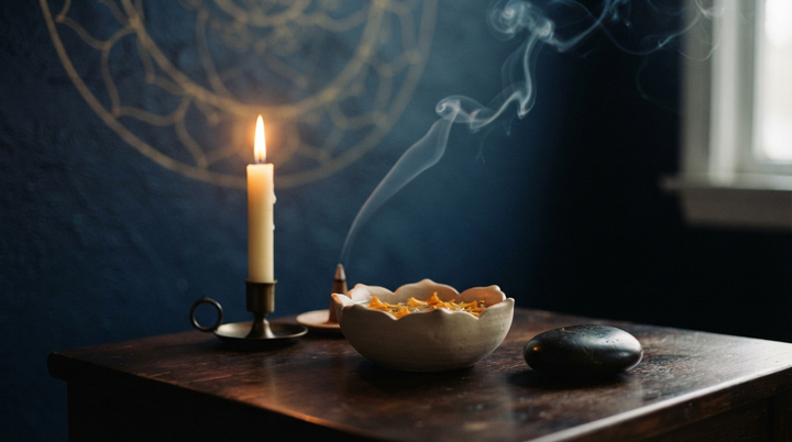 Ivory candle, lotus bowl, incense smoke, and a protective gold circle
