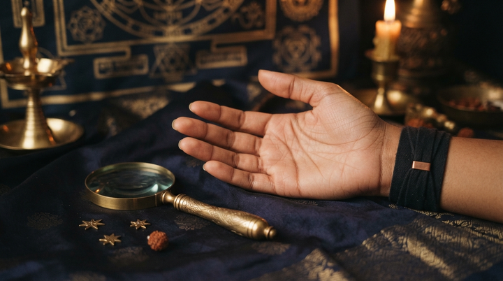Open palm beside a brass magnifying lens and gold stars