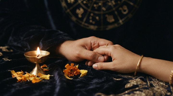 Warm candlelit hands meeting beside marigold petals