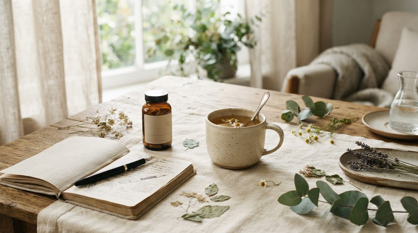 Calm morning wellness ritual with tea, journal, and botanical supplements
