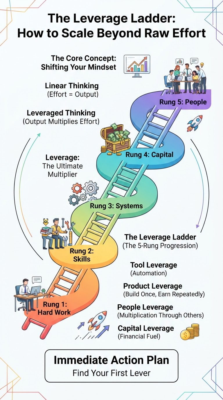 The Leverage Ladder infographic showing five rungs from hard work and skills through systems and capital to people leverage.