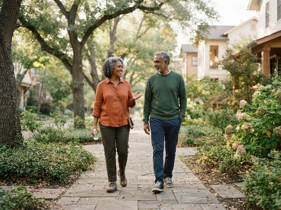 Two adults in their 60s walking together on a leafy neighborhood path in soft morning light.