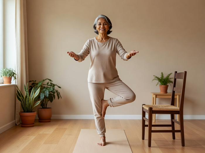 An older woman practicing gentle standing mobility on a mat beside a sturdy chair at home.
