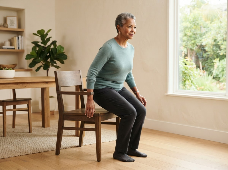 An older woman practicing a supported sit-to-stand beside a sturdy chair in a bright home.