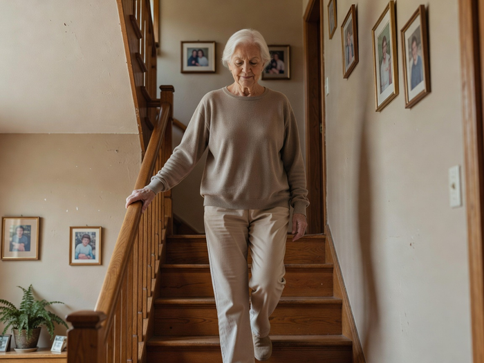 An older woman calmly climbing a home staircase while holding the handrail.