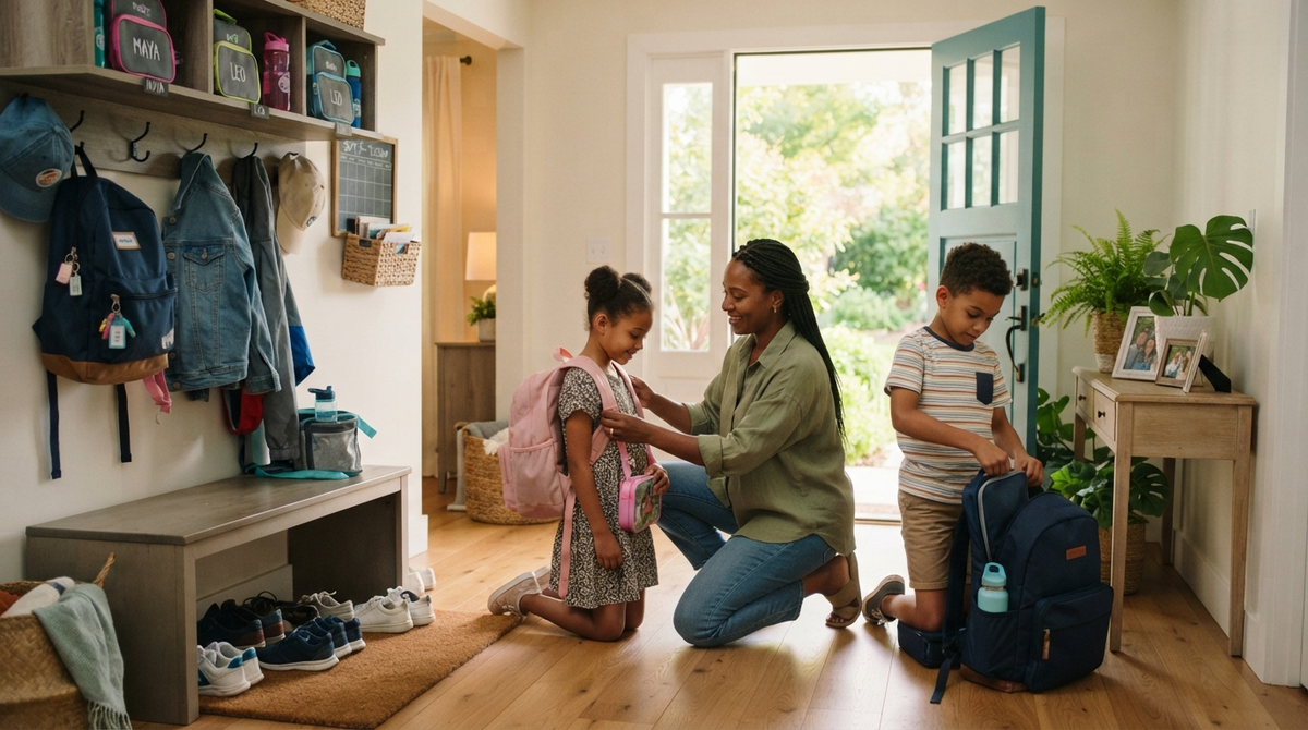 Parent helping two children organize backpacks and school items near a bright front door.
