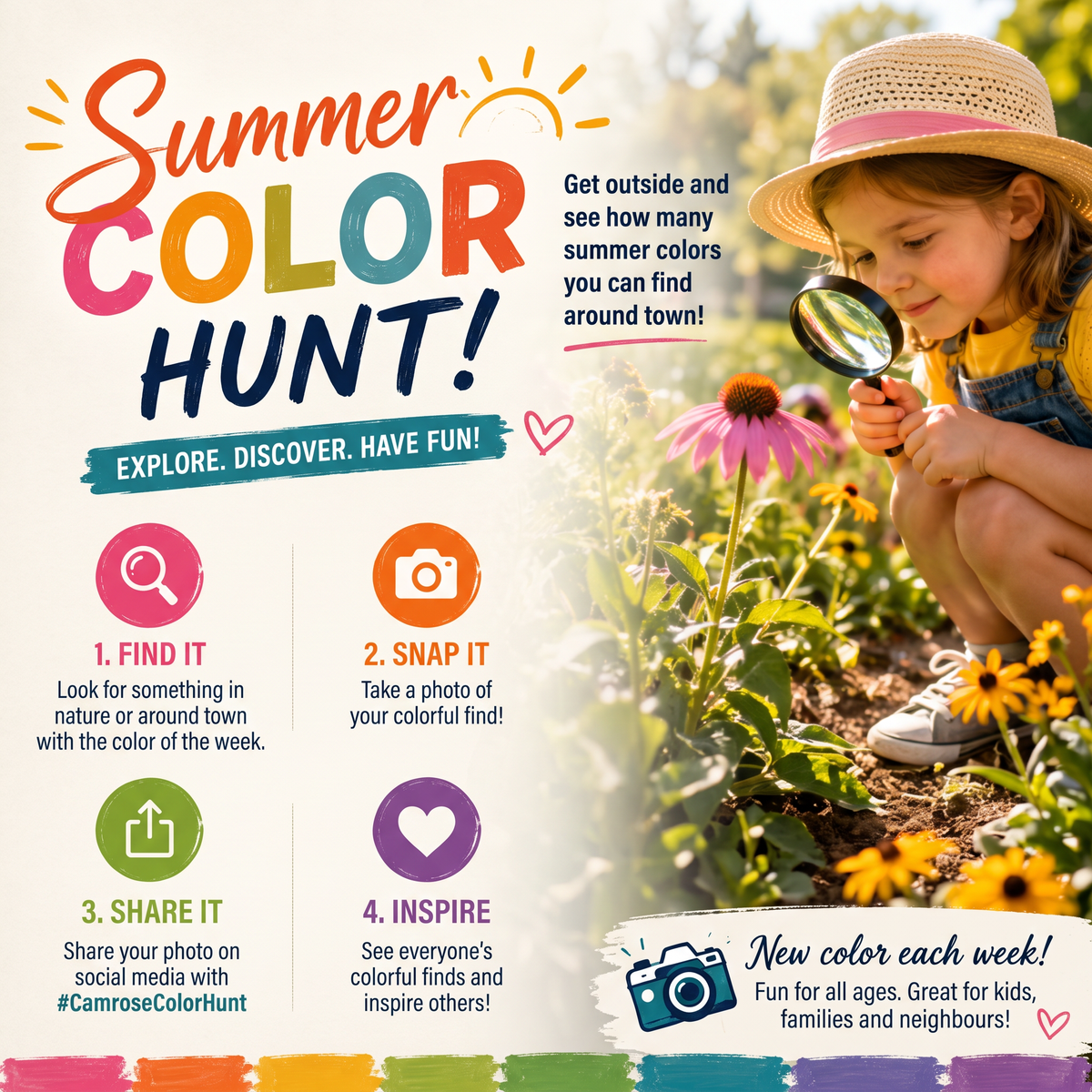 Summer Color Hunt graphic inviting Camrose families to explore, discover and have fun outdoors.