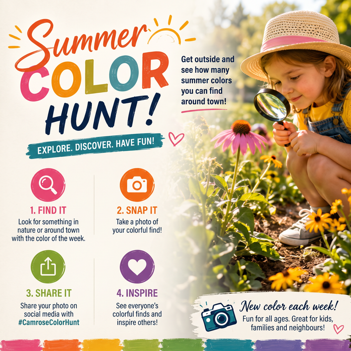 Summer Color Hunt graphic inviting Camrose families to explore, discover and have fun outdoors.