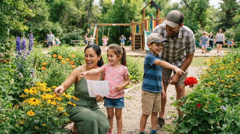 Family using a colour checklist during a summer outdoor walk in a Camrose park.