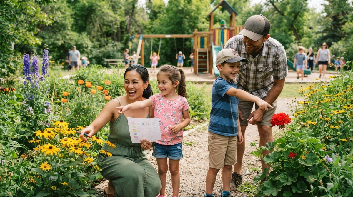 Family using a colour checklist during a summer outdoor walk in a Camrose park.