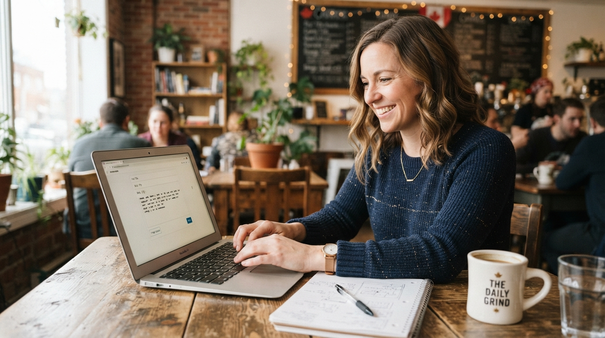 Local business owner turning rough notes into a clear Facebook post with AI.