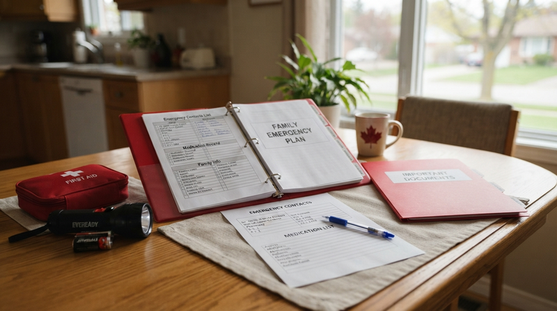 Household emergency information folder, medication list and emergency supplies on a kitchen table.