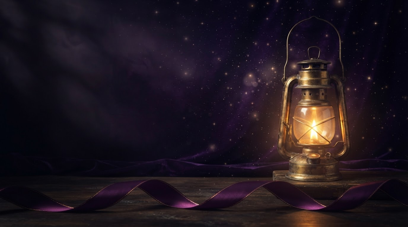 A glowing brass lantern surrounded by soft stars and a purple ribbon