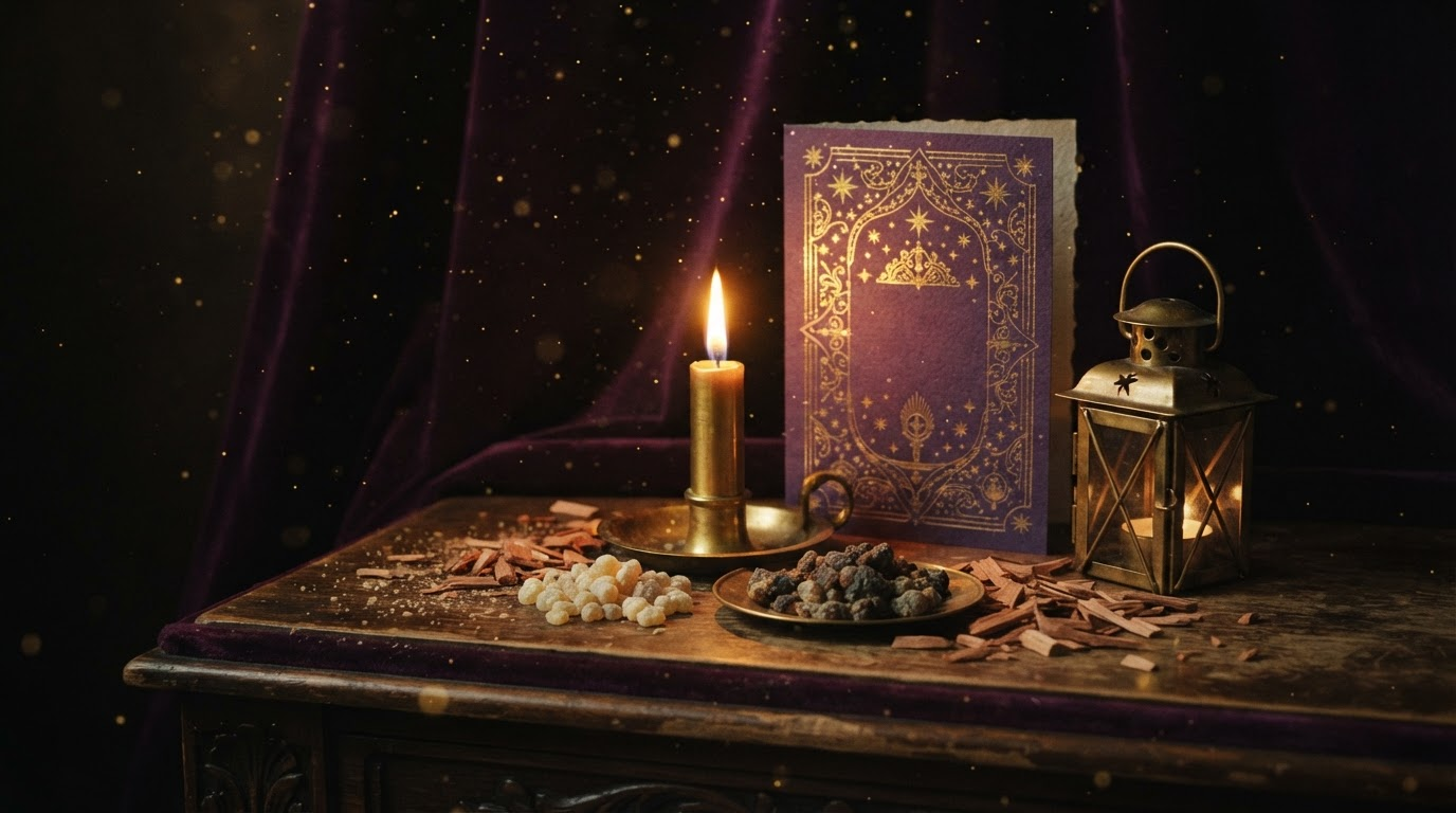 Sacred Christmas ritual scene with candle, frankincense, and myrrh